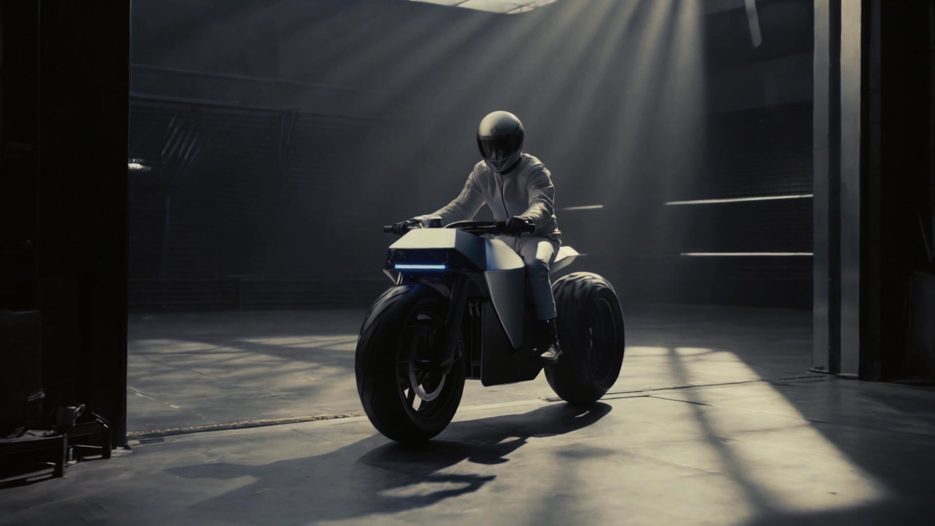 A cinematic image of a rider on a futuristic motorcycle